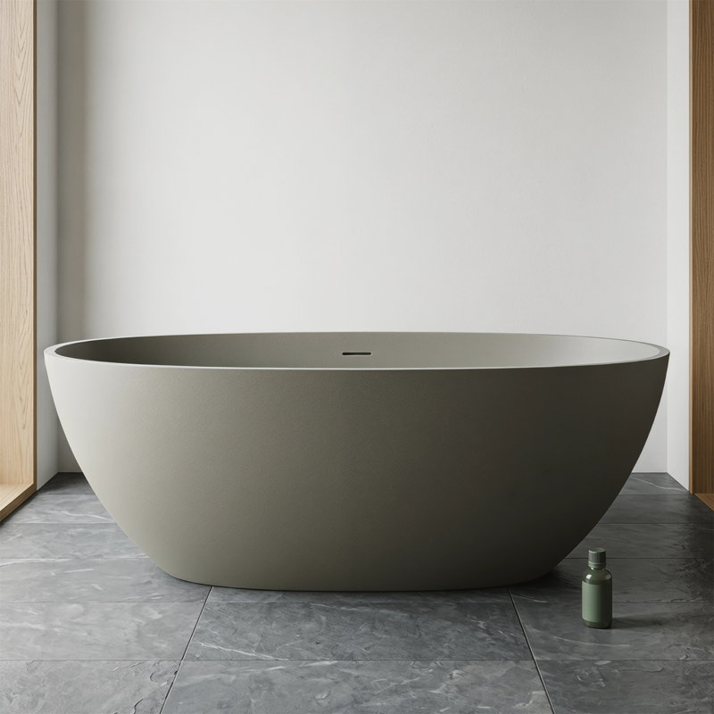 59" Freestanding Soaking Bathtub, Stone Resin, Ergonomic Backrest, Pop-Up Drain, Hidden Overflow, Gray