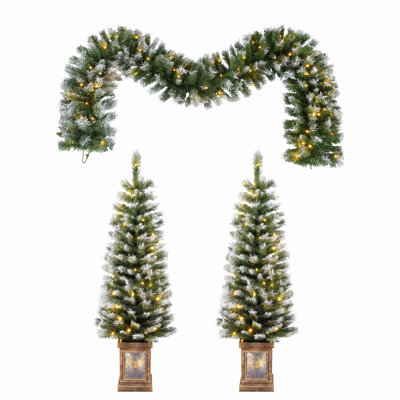 Artificial Christmas 3-Piece Set Wreath And Set Of 2 Entrance Trees X-Mas With LED Lights Easy Assembly