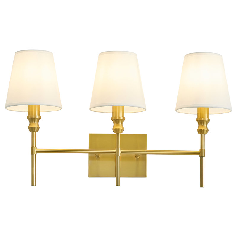 Bathroom Vanity Lighting Fixture Bedroom Wall Sconce With White Fabric Shades, Gold, 13.9" H x 23.6" W x 7.9" D, 3 Lights