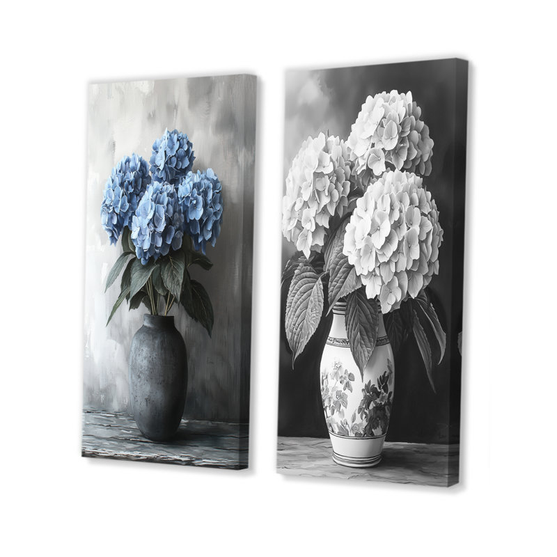 Hortensia dans un vase monochrome I - impressions sur toile florales 2 panneaux, H 32 po x l 33 po, Toile tendue