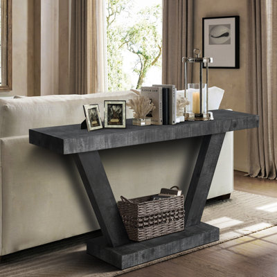 Console en bois massif vieilli 60 pouces, table d'entrée robuste à 2 niveaux avec double tablette renforcée, table d'appoint de style campagnard robuste pour dossier de canapé de couloir
