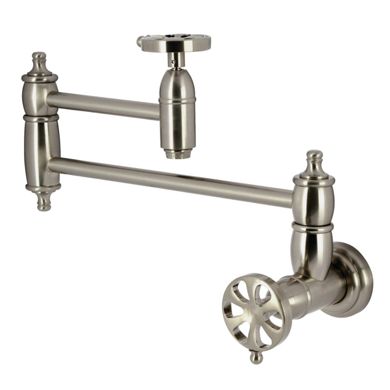 Kingston Brass Belknap Two-Handle 1-Hole Wall Mount Pot Filler Faucet, Brushed Nickel