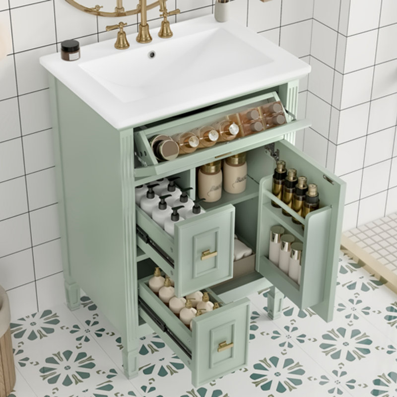 Meuble-lavabo de 24 pouces avec lavabo, armoire en bois massif et panneau de fibres à densité moyenne avec un tiroir rabattable, deux tiroirs standard et une tablette réglable, meuble-lavabo vert autoportant pour le rangement de la salle de bain