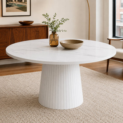 Modern Farmhouse Kitchen Dining Table with Round MDF Top, Textured Wood Strip Base, and Decorative Veneer Surface for Living Room