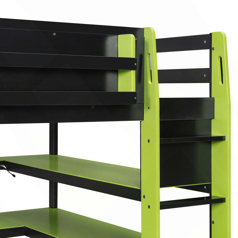 Lit mezzanine en bois avec bureau, support de rangement latéral, tablettes multiples et lumière RVB, Double, Vert