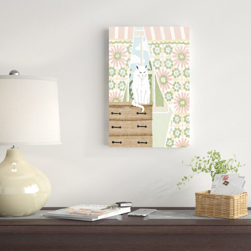 Chat blanc - peinture sur toile tendue, H 18 po x l 12 po