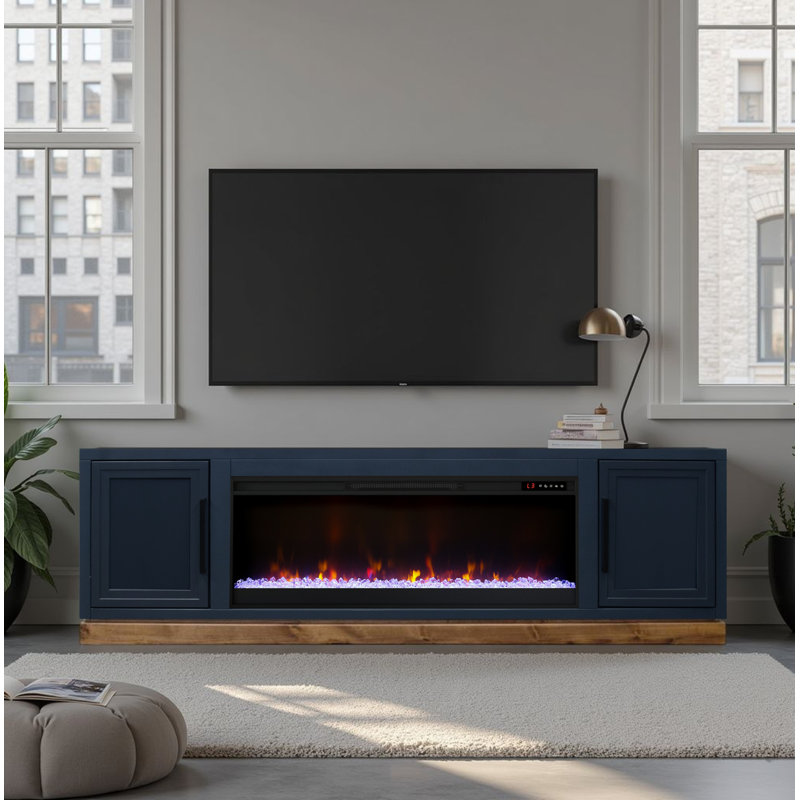 Meuble télé avec foyer 81 po pour téléviseur de 95 po ou moins Katoria, 27" H x 81" L x 17" W, Bleu