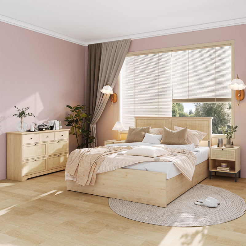 Boho Natural Rattan 4-piece Bedroom Set, Full / Double
