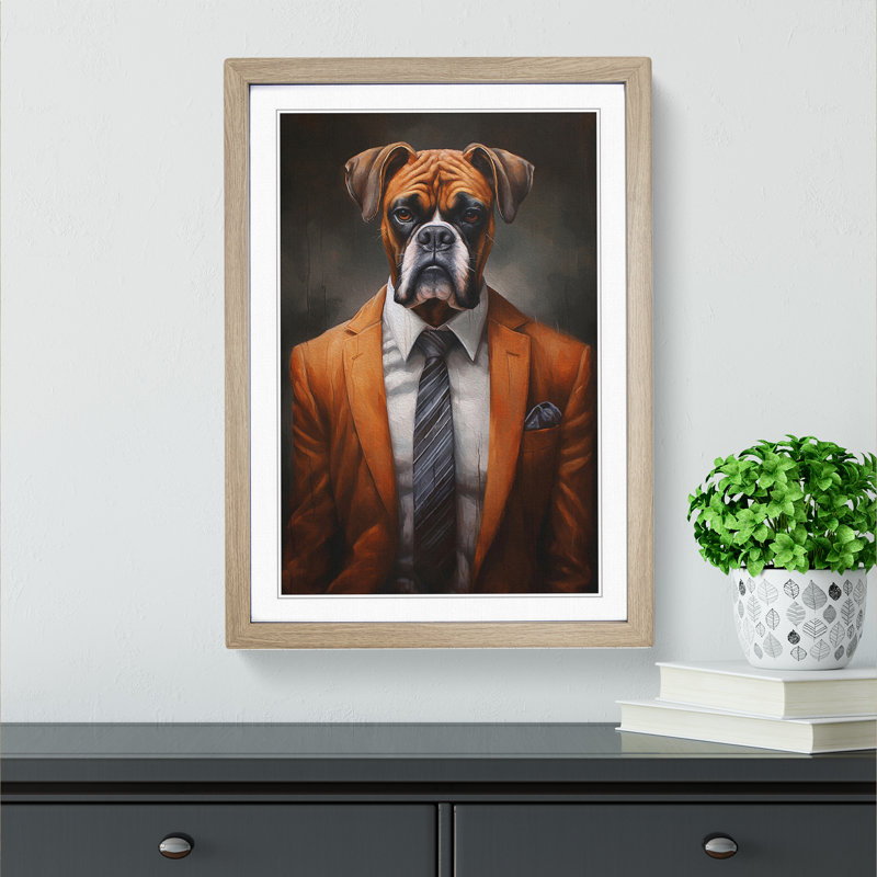 Boxer Dog in a Suit Painting - Framed Print, Oak Framed, 64cm H x 46cm W
