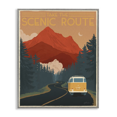 Take the Scenic Route Phrase Retro Mountain Travel Gray Farmhouse Rustic Oversized Framed Giclee Texturized Art by Janelle Penner