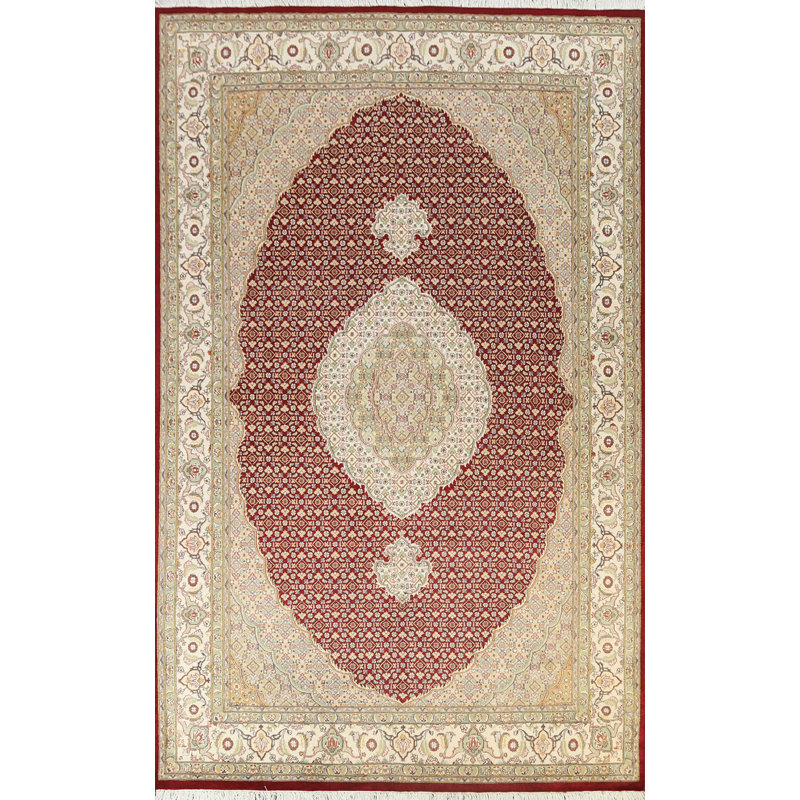 Tapis rouge en laine noué à la main de conception unique 6 pi 3 po x 9 pi 4 po Lyde