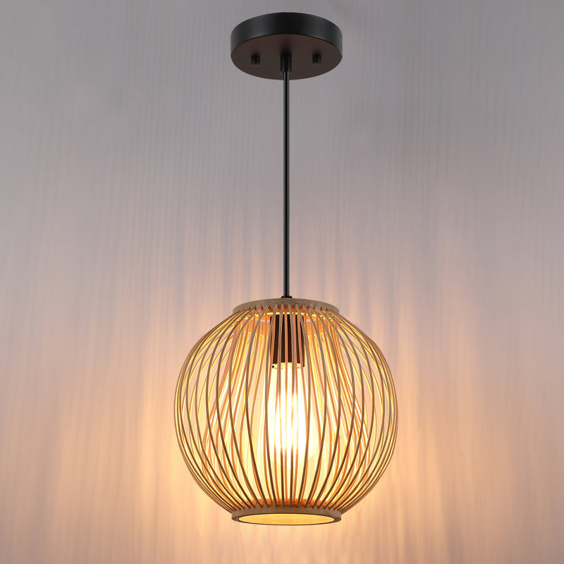 1 Light Matte Black Shaded Pendant Light with Rattan Shade