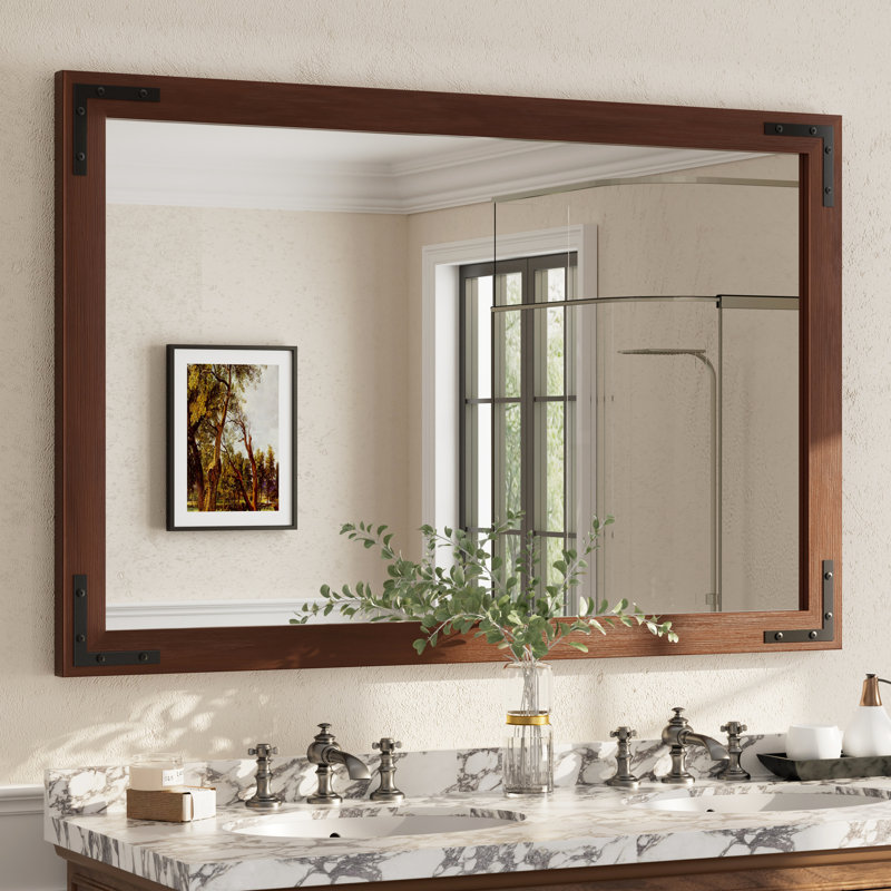 Amara Rustic Farmhouse Solid Wood Framed Tempered Glass Wall Mirror with 5-Year Warranty, Brown, 55" x 36"