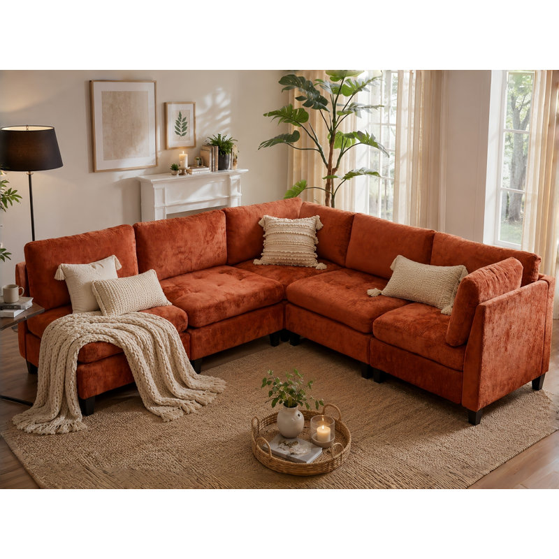 Canapé-lit modulaire avec repose-pieds Chenille, H 33,5 po x l 158 po x P 32,3 po, Chenille orange