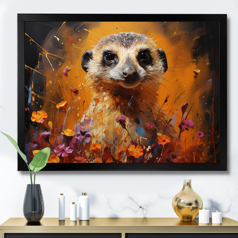 Suricate brun, prairie florale II - art mural Meercat, Cadre d'angle fermé noir, H 30 po x l 40 po x P 1,5 po