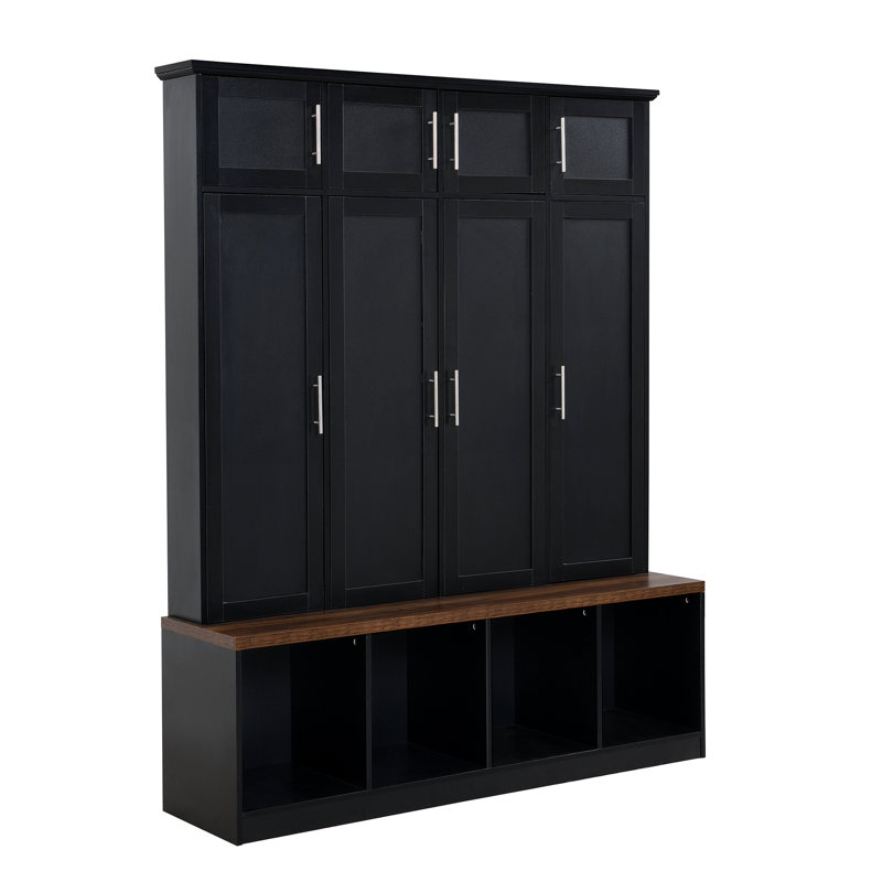 Versatile Hall Tree With 4 Hanging Hooks, Brown Wood Grain Bench With Multiple Storage Space, Entryway Cabinet With Open Compartments For Living Room, Hallway