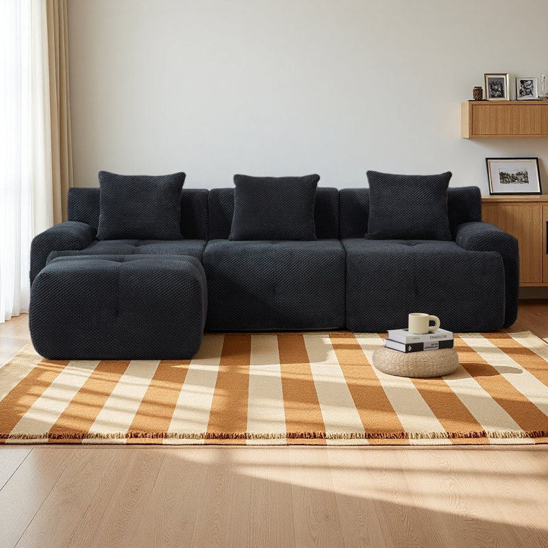 104.3" 4-Piece L Shaped Upholstered Modular Sectional Sofa, Oversized 3-Seater Boneless Convertible Cloud Tufted Couch Set With Deep Seat & Movable Ottoman 3 Pillows