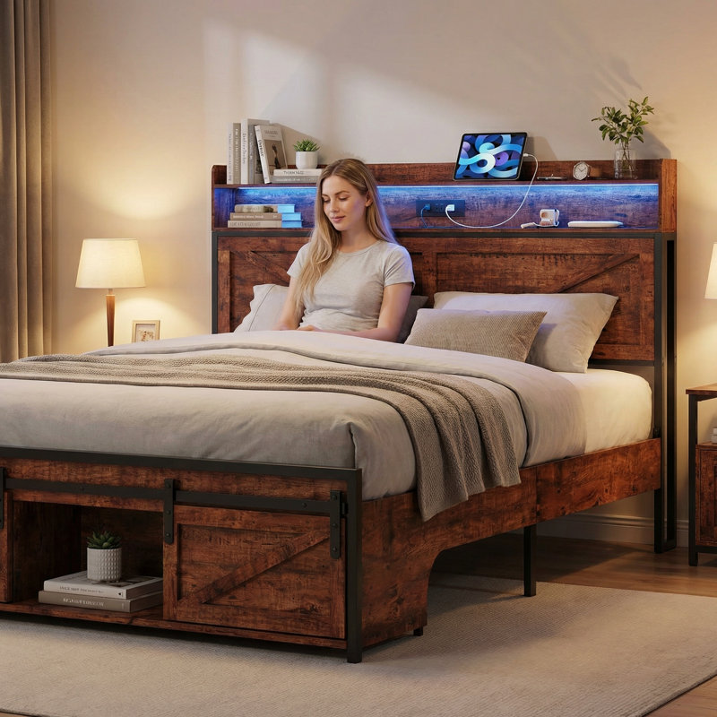 Base de lit double pleine grandeur avec lumières DEL et ports USB, lit plateforme rustique avec rangement pour tête de lit et support en métal silencieux
