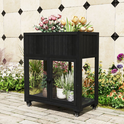 Wood Mini Cold Frame Greenhouse with Raised Bed, Polycarbonate Doors and Removable Wheels
