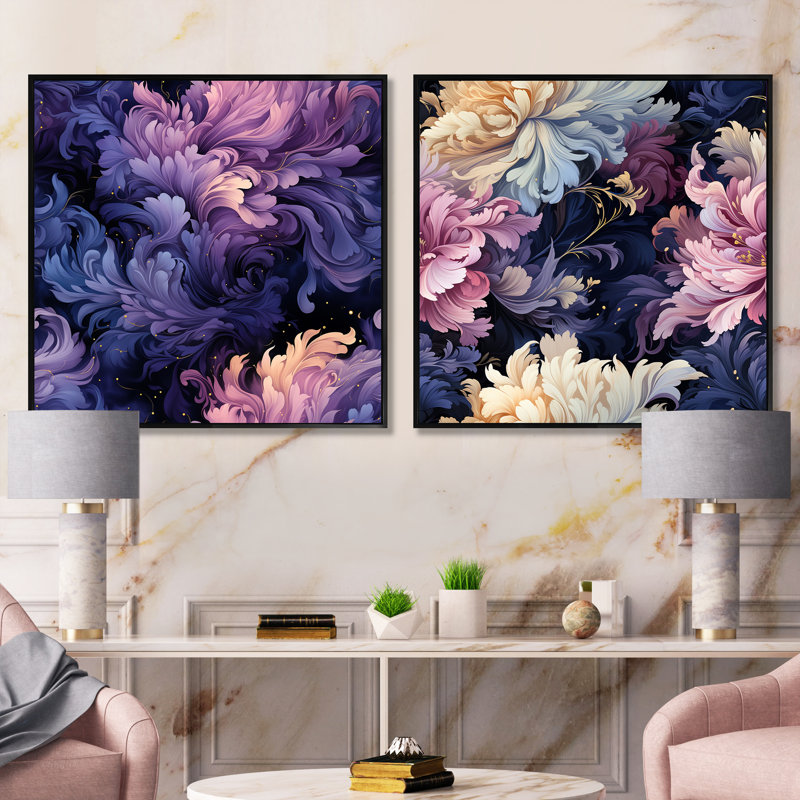 Daniella - Ensemble de 2 collages carrés botaniques abstraits, Cadre flottant noir, H 30 po x l 61 po