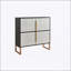 Armoire de rangement à quatre portes avec base en métal et poignées, polyvalente pour la cuisine, la salle à manger et le salon