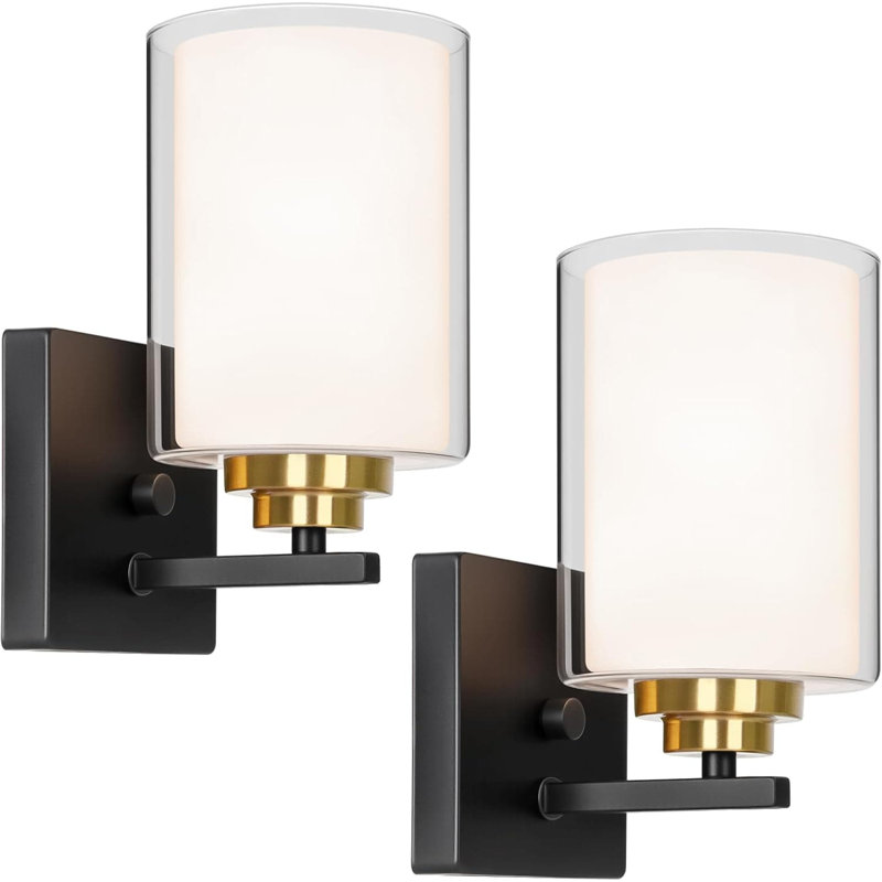Set Of 2 Modern Wall Sconces With Double Clear Glass Shades, Black And Gold Vanity Light Fixtures For Bathroom Mirror, Bedroom, Living Room, Hallway And Outdoor Areas