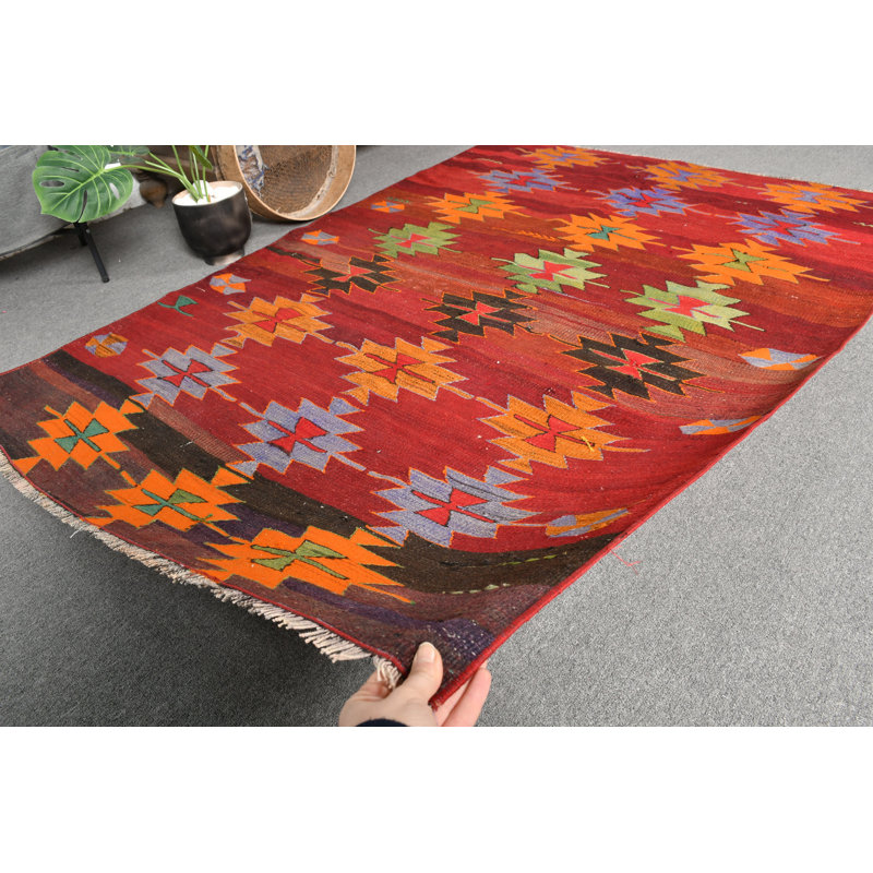 Tapis turc vintage en laine tissé à la main de style géométrique rétro, idéal pour les maisons ou les bureaux - rouge / orange