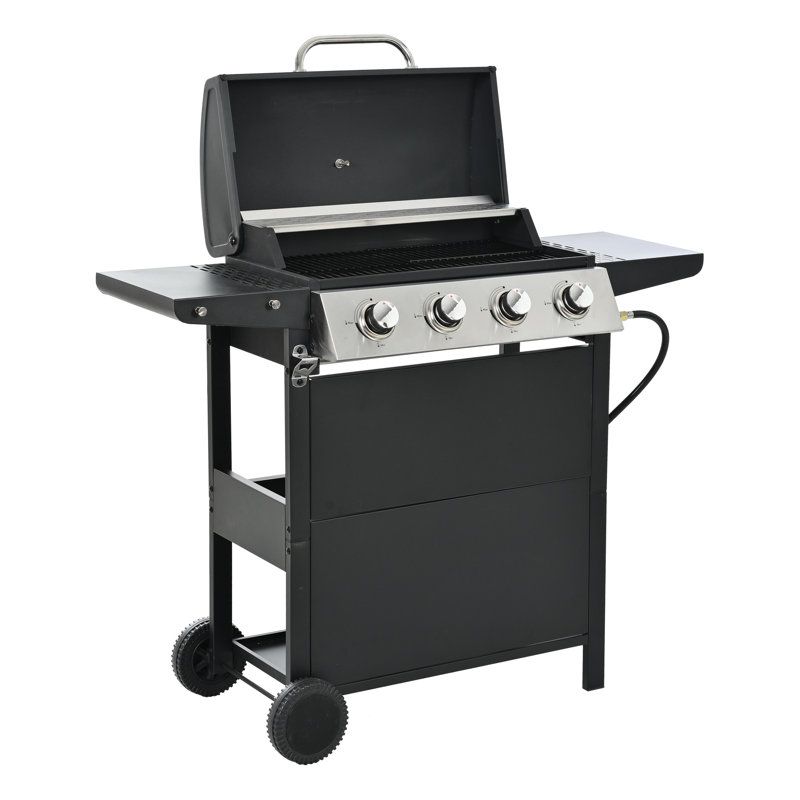 Barbecue au propane avec 4 brûleurs en acier inoxydable, 34 000, deux tablettes et des roues pratiques pour le brûleur de barbecue de la cour, les grilles métalliques, la mobilité
