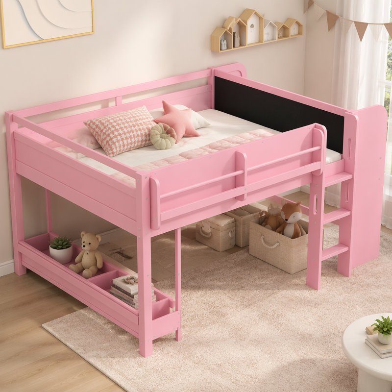 Full Loft Bed with Multi-storage, Desk, and Blackboard, Solid Wood, No Box Spring Needed, Pink