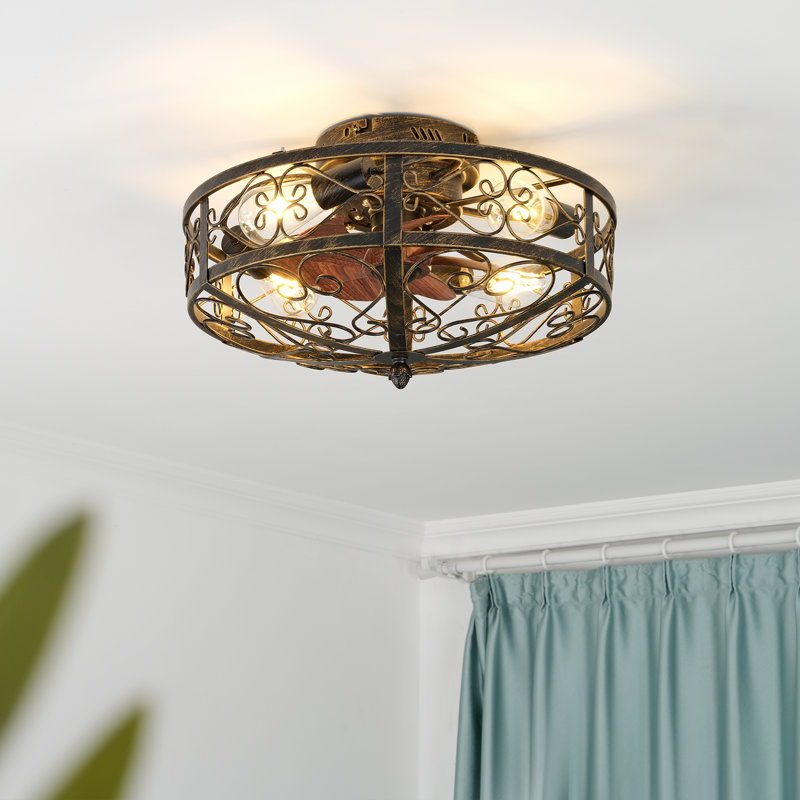 20" Flush Mount Caged Ceiling Fan with Light Kit and Remote Control - Farmhouse Style., Gold/Black, Brown Wood