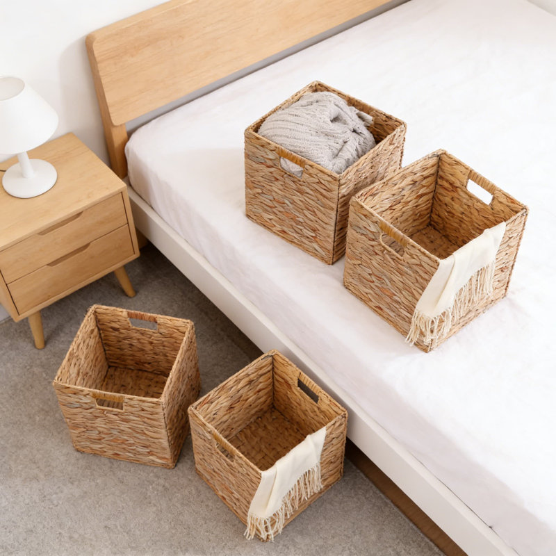 Handwoven Water Hyacinth Storage Baskets, Set Of 4 Collapsible Cube Bins For Shelves, Kitchen, Living Room, And Home Organization
