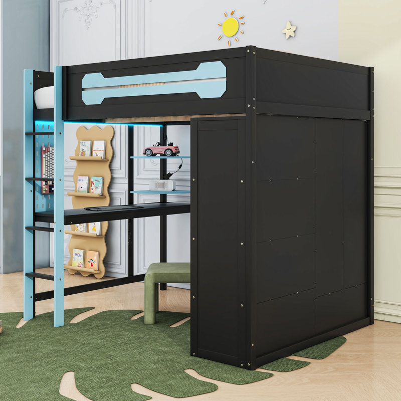Lit mezzanine double avec bureau, garde-robe ouverte, éclairage RVB, station de charge et tablettes, Bleu