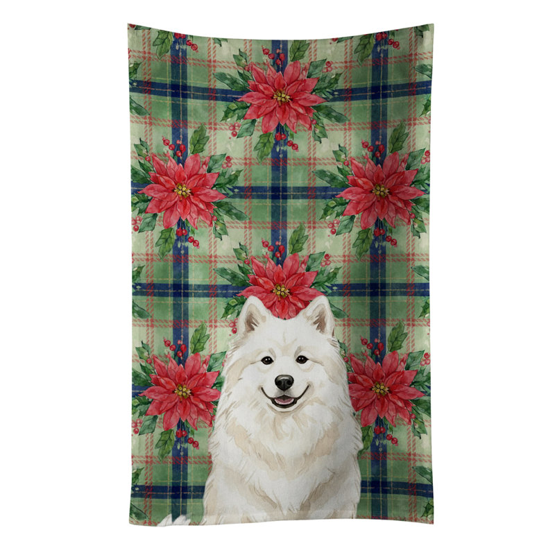 Cream Samoyed Christmas PoinsettIas Kitchen Towel, Cream Samoyed