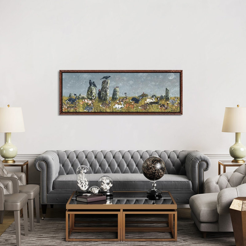 The Running Of The Hares by Maggie Vandewalle - Panoramic Painting on Canvas, Classic Brown Wood Framed