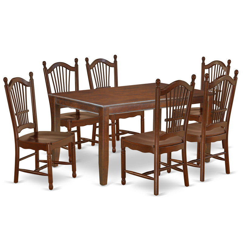 Tana Rubberwood Solid Wood Dining Set, 7 Pieces: Table, 6 Chairs
