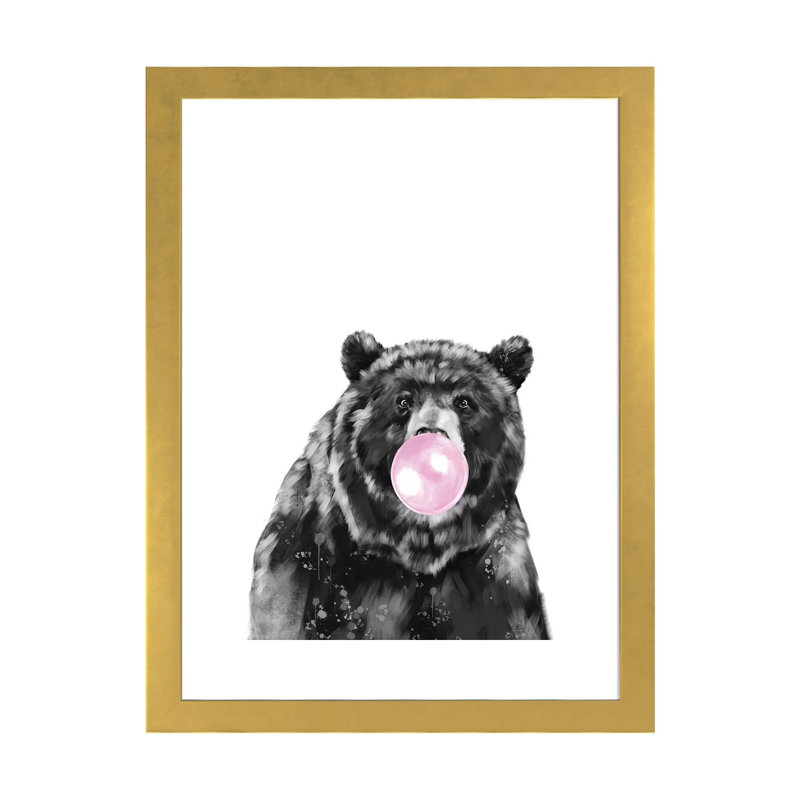 «Bubble Gum Big Black Bear» par Big Nose Work - impression d'art graphique, H 32 po x l 24 po x P 1 po, Papier encadré doré
