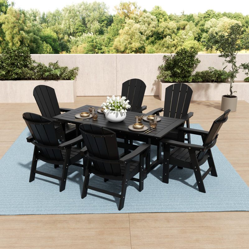 Aleera 7-Piece Plastic Dining Set with Umbrella Hole, Black