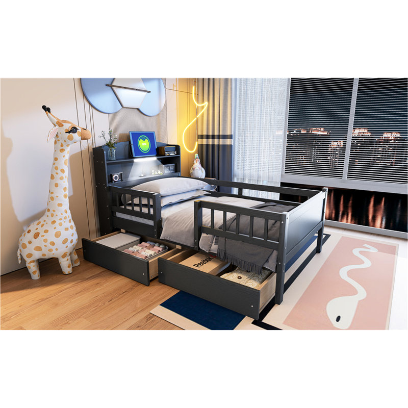 Lit plateforme gris en bois avec tête de lit intégrée pratique, garde-corps et 2 tiroirs de rangement, Gris