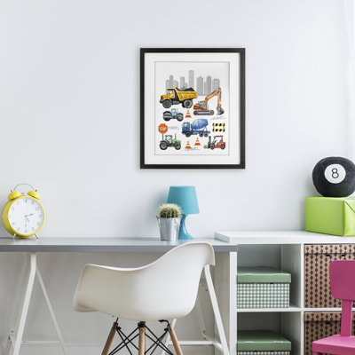 Keep Moving Construction Vehicles Framed Print Under Glass, design by Christine Simpson Art