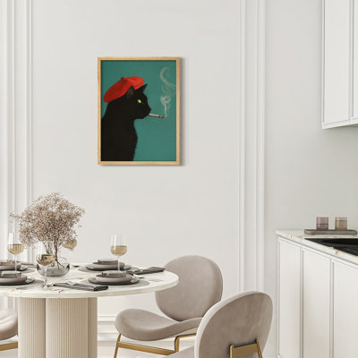 Cool Black Cat Framed Wall Art Prints - Cat with beret and cigarette, for living room