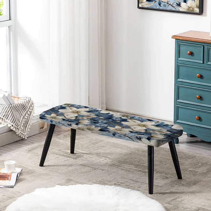 Banc rembourré floral noir, Motif floral bleu rétro finesse II