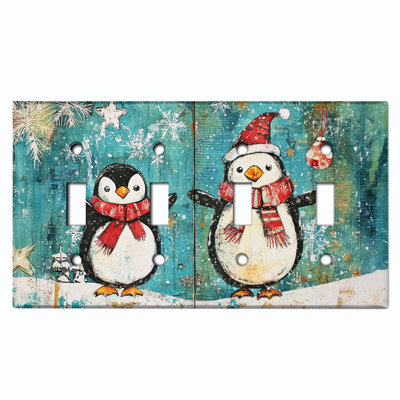 Couvercle de plaque d'interrupteur en métal; Bascule à 4 bandes US standard - pingouins de Noël