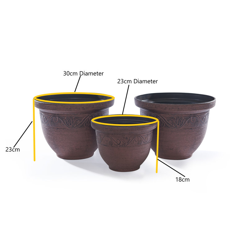 Set of 3 Tyisha Antique Style Plant Pots, Brown