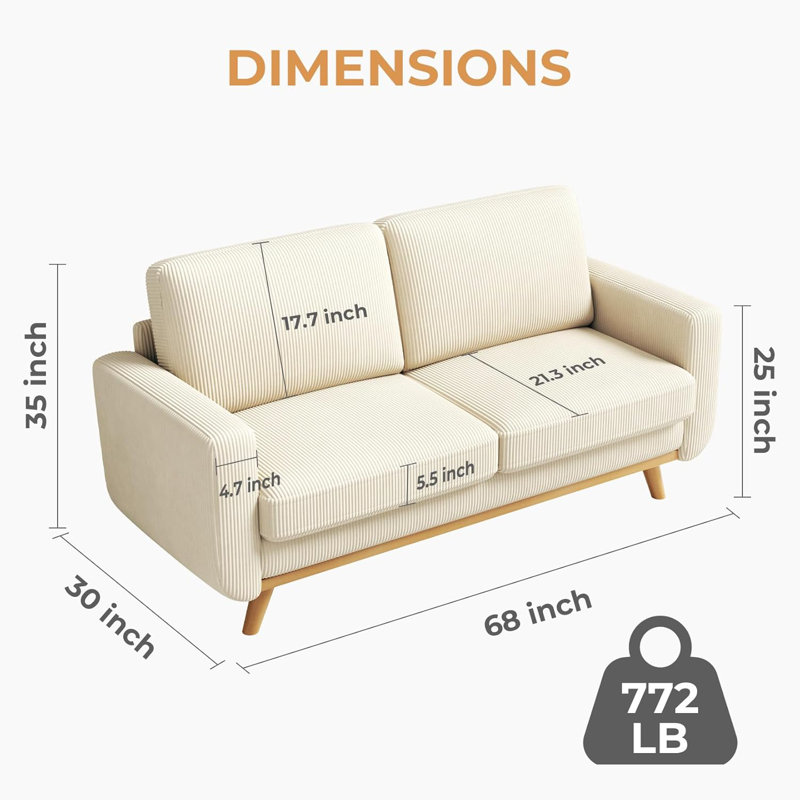 68" Beige Corduroy Loveseat Sofa with Oak Legs