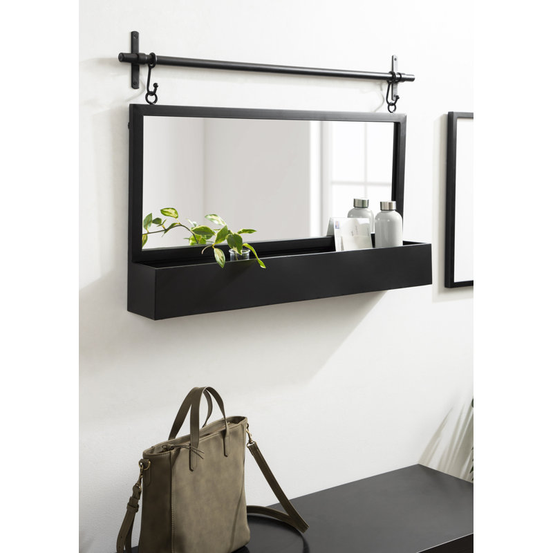 Hughley Metal Flat Mirror with Shelves, Black, 25.5'' x 36''