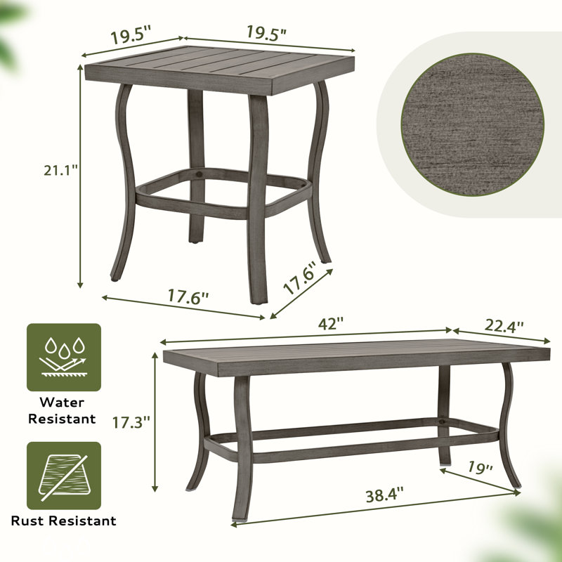 Ensemble de conversation de patio 7 pièces en aluminium avec table basse, table de bout, repose-pieds et coussins gris clair