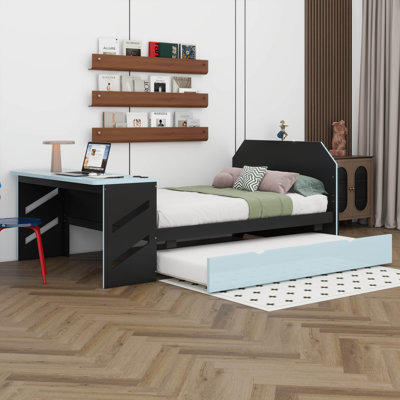 Full Size Wood Daybed With Twin Size Trundle, Built-In Desk, USB Charging Ports, Gaming Style Multifunctional Bed For Teens