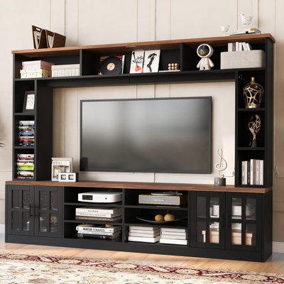 Meuble audio-vidéo mural pour téléviseur de 80 po ou moins, meuble télé moderne avec armoires et tablettes réglables pour le salon