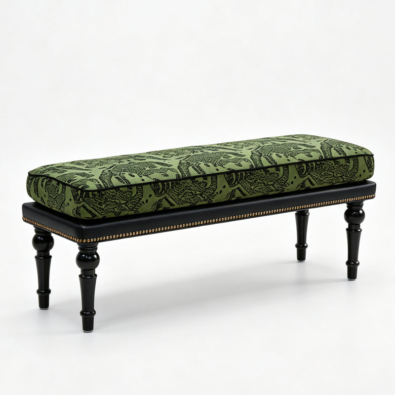 Banc de bout de lit à fin de lit à motif vert rétro, banc de chambre en bois massif avec garniture cloutée dorée