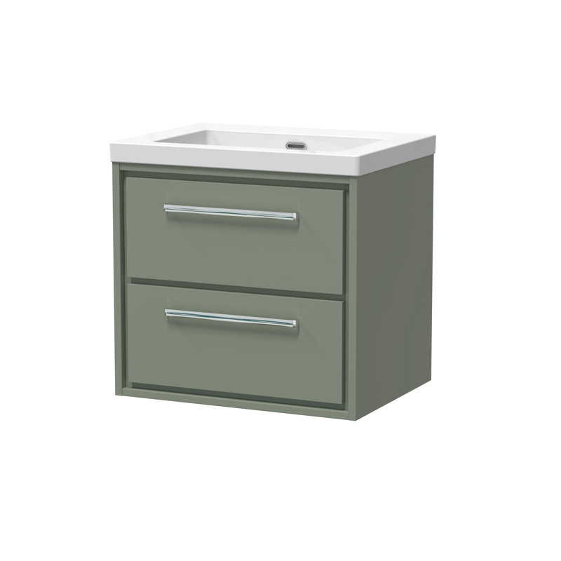 Hudson Reed Lille 600mm Fern Green 2 Drawer  Wall Hung Vanity Unit With Fireclay Basin, Fern Green, 61.3cm W